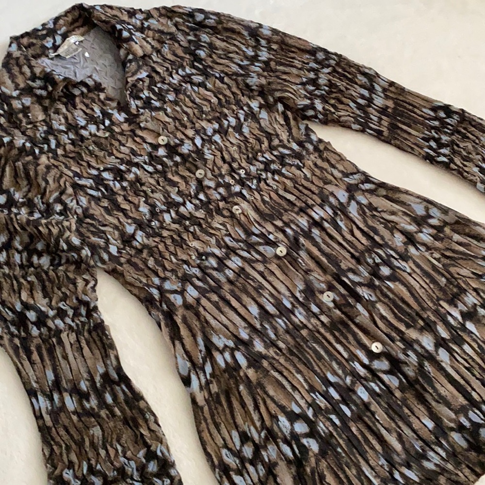 {VTG} Alberto Makali | Y2K Crinkle Tunic Top Beaded Popcorn Smocked Snakeskin S